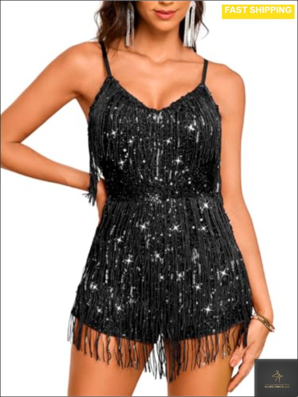 Sparkly Sequin Fringe Backless Romper Sexy Disco Party Outfit